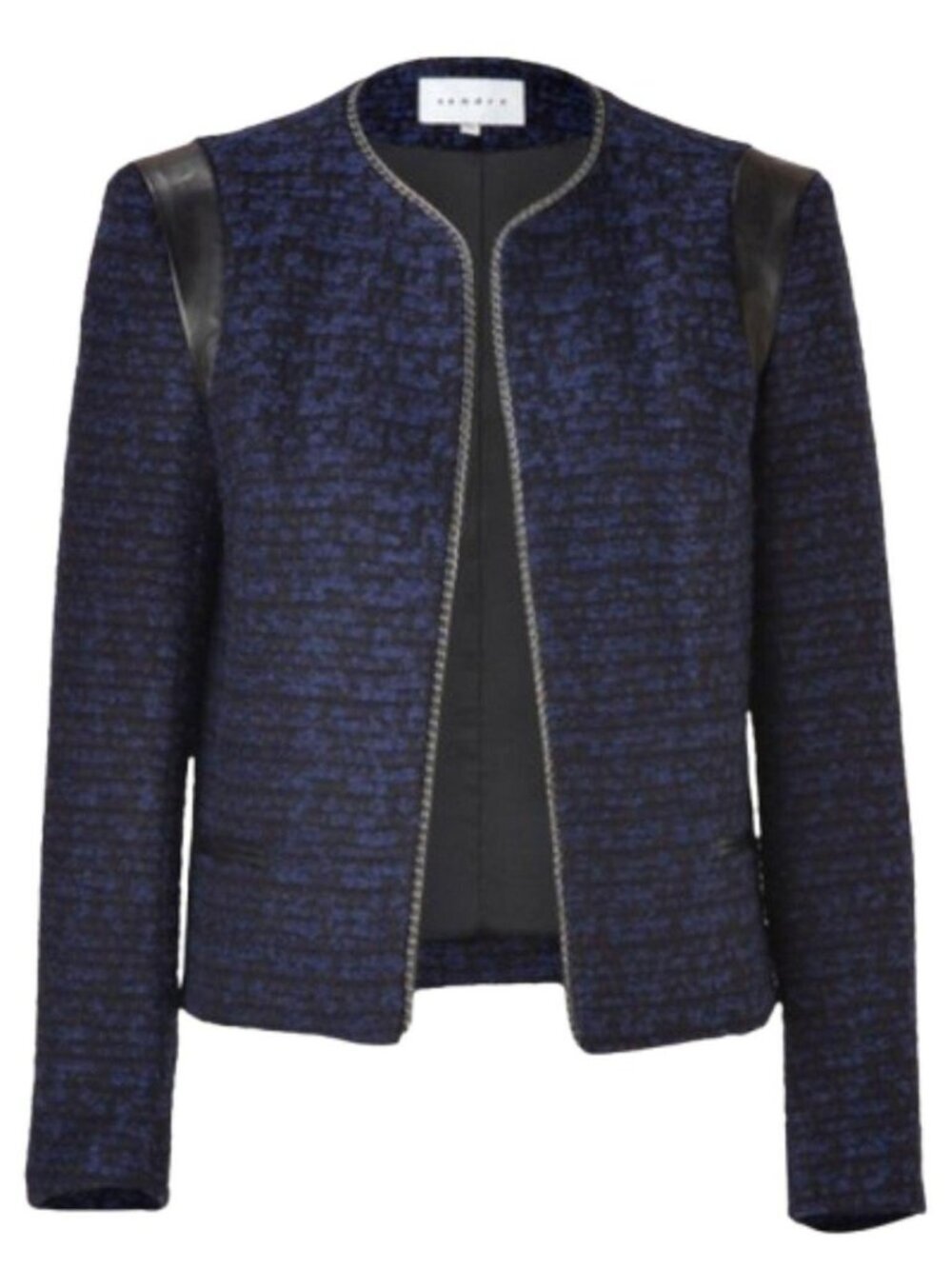 Sandro Paris Wool & Leather Blue Marine Black Knit Jacket w/ Chain Size 36  NWOT - Picture 3 of 3